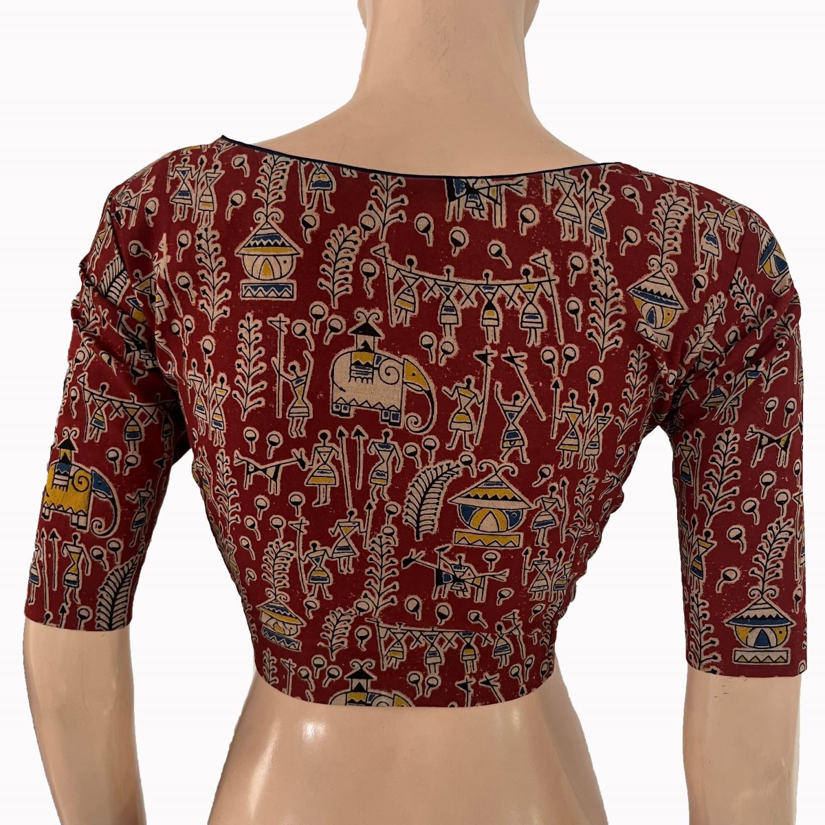 Kalamkari Cotton Sweetheart Neck Blouse ,Red, BK1321.