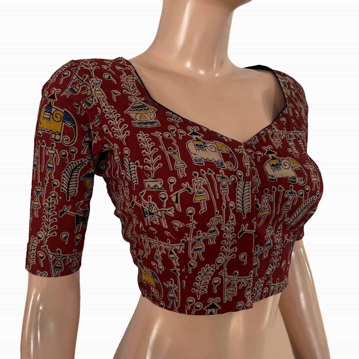 Kalamkari Cotton Sweetheart Neck Blouse ,Red, BK1321.