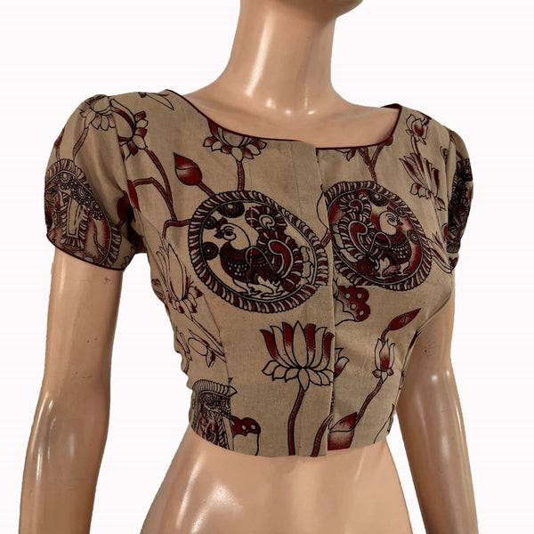Kalamkari Cotton Boat Neck Blouse  with Puff Sleeves ,Beige , BK1322.