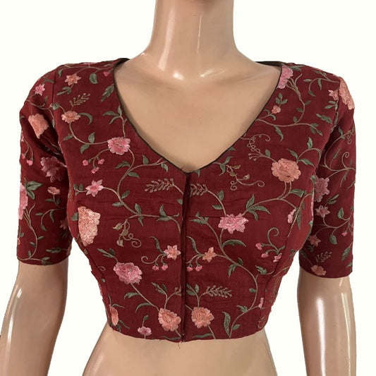 Silk Cotton Embroidered V Neck Blouse with Lining , Maroon , BL1001