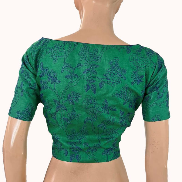 Pure Tussar Silk  Boat  Neck Blouse with Short Sleeves and Lining  ,Green , BL1002