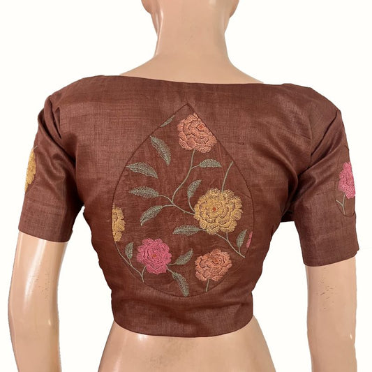 Pure Tusar Silk Scallop Neck Blouse with Embroidery Patches and Lining, Chocolate color , BL1003