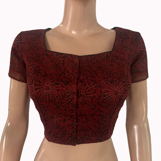 Maheswari Silk Square Neck Blouse with Short Sleeves and Lining ,Maroon , BL1008