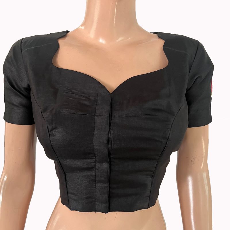 Pure Tusar Scallop Neck Blouse with Embroidery Patches, Short Sleeves and Lining , Balck , BL1010.