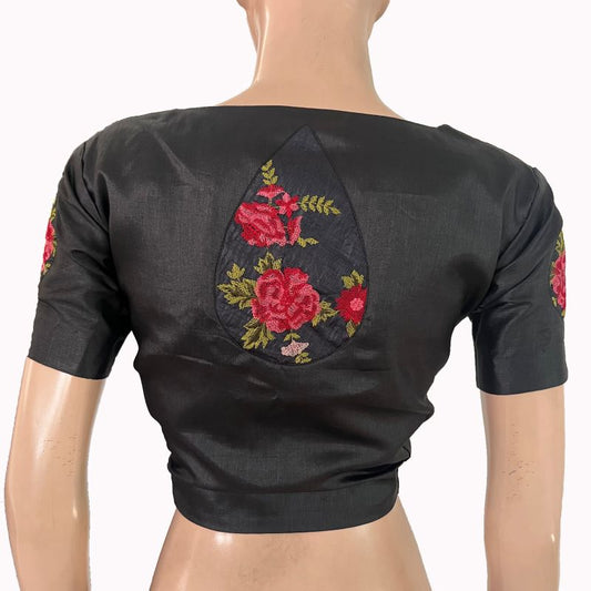 Pure Tusar Scallop Neck Blouse with Embroidery Patches, Short Sleeves and Lining , Balck , BL1010.