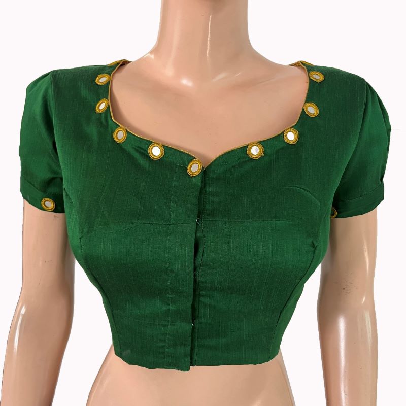 Semi Raw Silk Sweetheart neck Blouse with Short Puff Sleeves Mirror works  & Lining ,Bottle green ,BS1191