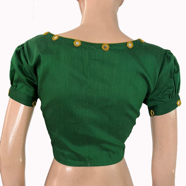 Semi Raw Silk Y neck Blouse with Short Puff Sleeves ,Mirror works  & Lining ,Bottle green ,BS1191