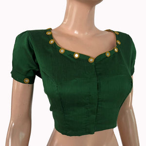 Semi Raw Silk Y neck Blouse with Short Puff Sleeves ,Mirror works  & Lining ,Bottle green ,BS1191
