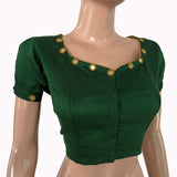 Semi Raw Silk Sweetheart neck Blouse with Short Puff Sleeves Mirror works  & Lining ,Bottle green ,BS1191