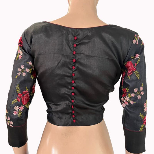 Pure Tussar Silk Sweetheart neck Blouse with Embroidered Sleeves & Potli Button Details, Black , BL1012