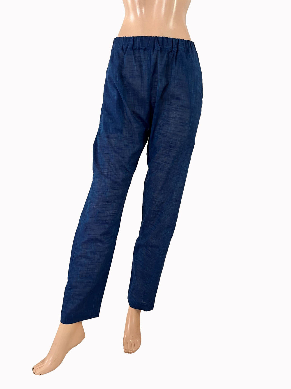 Slub Cotton Pants with Pockets, Fully Elasticated, Blue, PN1107