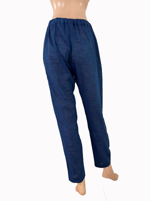 Slub Cotton Pants with Pockets, Fully Elasticated, Blue, PN1107