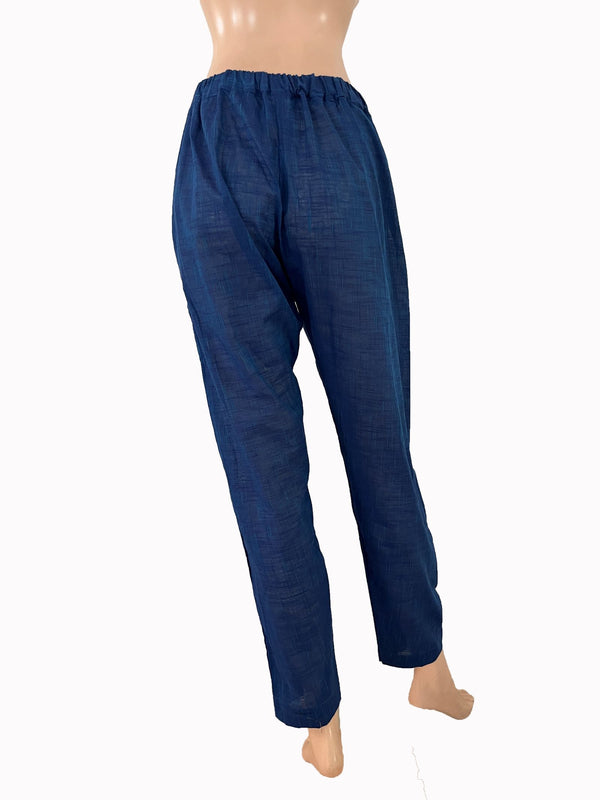 Slub Cotton Pants with Pockets, Fully Elasticated, Blue, PN1107