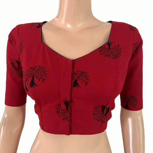 Printed Slub Cotton Sweetheart  Neck Blouse, Red, BP1126