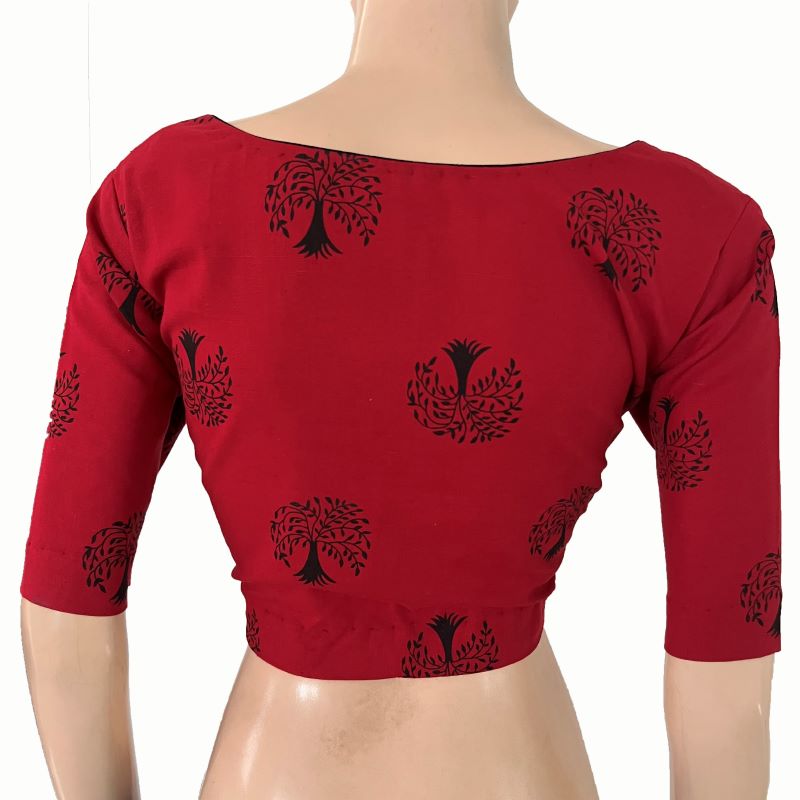 Printed Slub Cotton Sweetheart  Neck Blouse, Red, BP1126