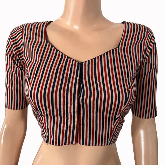 Striped Printed Cotton Sweetheart neck Blouse with 3/4 Sleeves,  Multicolor,  BP1166