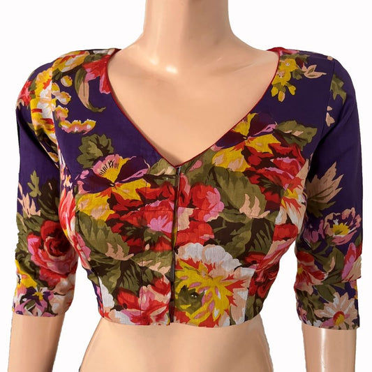 Mul Cotton Digital Printed  V neck Blouse with 3/4 Sleeves & Lining, Purple, BP1173