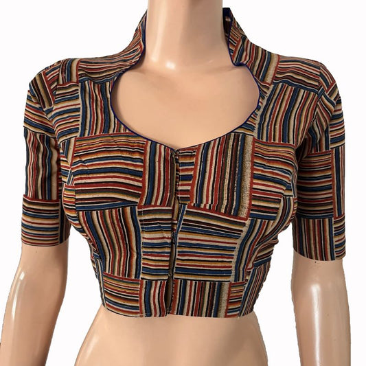 Block Printed Cotton Highneck Blouse,  Red-Blue,  BP1182