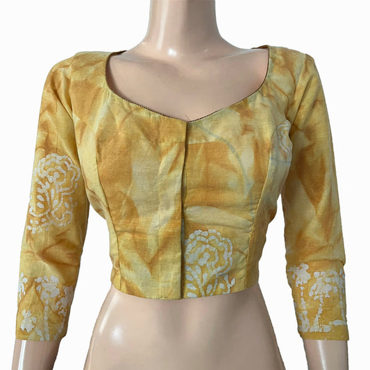 Bathik Printed Cotton Round neck Blouse, Yellow, BP1192