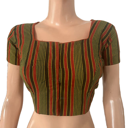 Dhabu Cotton Square neck Blouse with Short Sleeves, Multicolor, BP1197