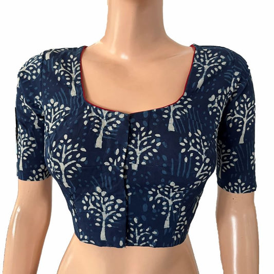 Printed Cotton Square -U neck Back V neck Blouse with Potli Button details, Indigo Blue, BP1199