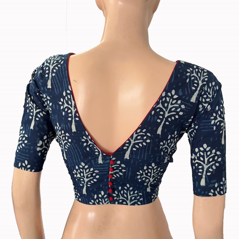Printed Cotton Square -U neck Back V neck Blouse with Potli Button details, Indigo Blue, BP1199
