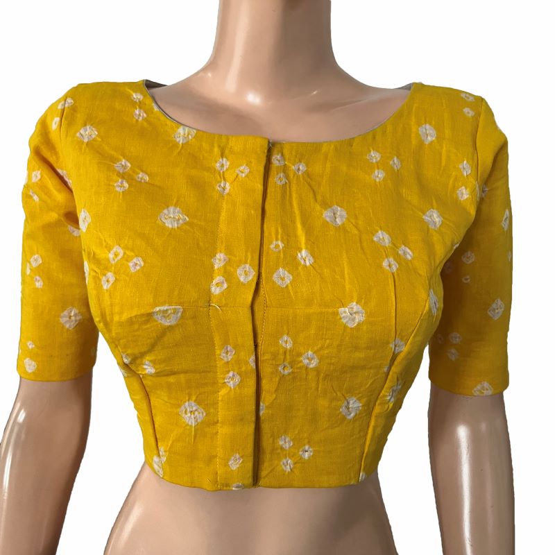 Bandhani Cotton Boat neck Blouse, Yellow, BP1202