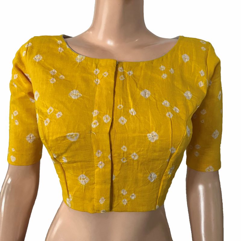 Bandhani Cotton Boat neck Blouse with Lining , Yellow, BP1202