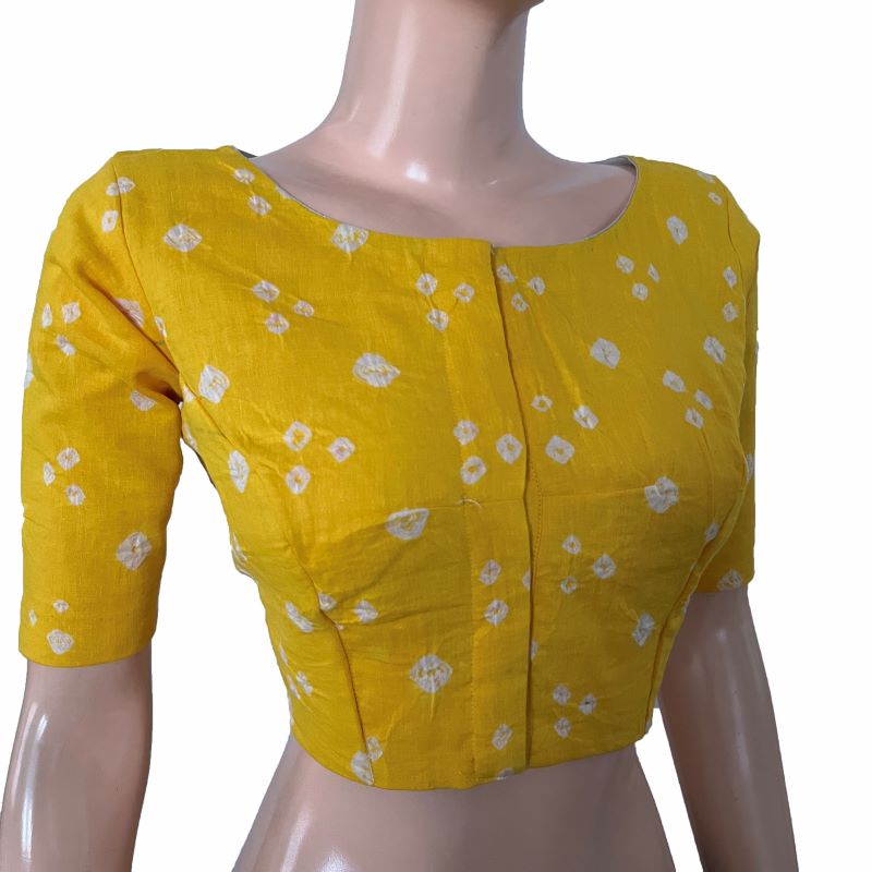Bandhani Cotton Boat neck Blouse, Yellow, BP1202