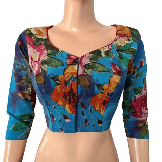 Digital Print Cotton Y neck Blouse with 3/4 sleeves & Lining, Blue, BP1206