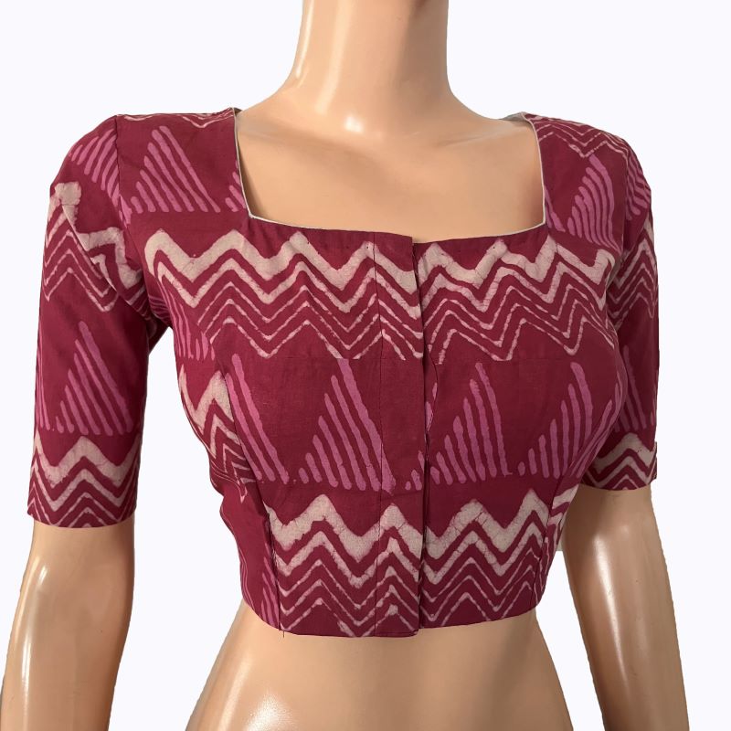 Printed Cotton Square neck Blouse , Dusty Pink, BP1210