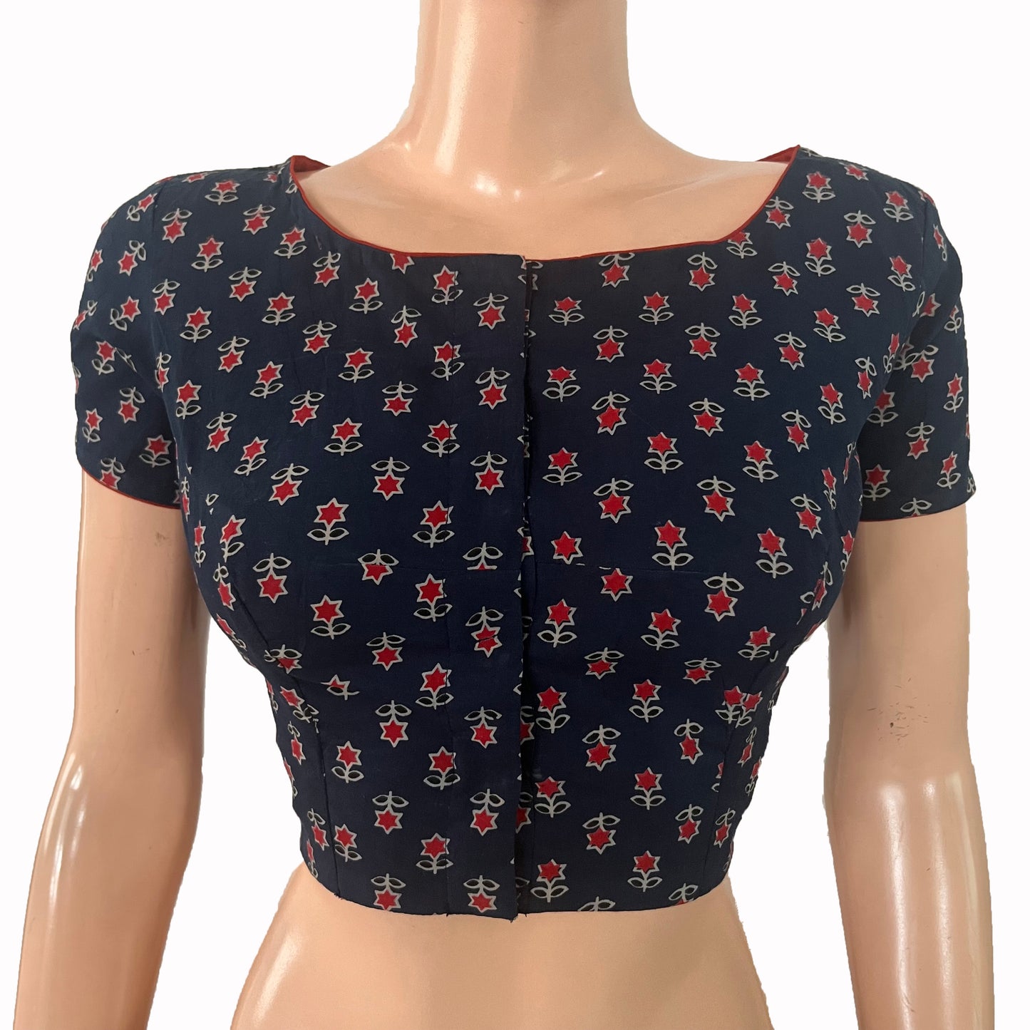 Printed Cotton Boat neck Blouse with Short Sleeves, Navy blue, BP1211