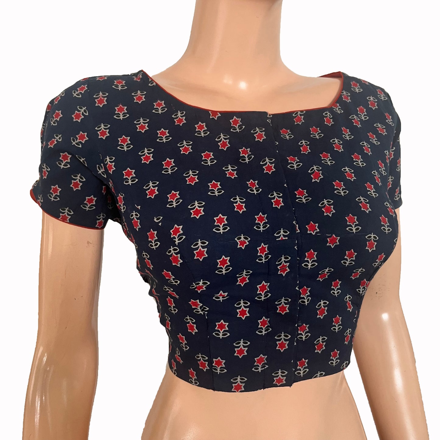 Printed Cotton Boat neck Blouse with Short Sleeves, Navy blue, BP1211