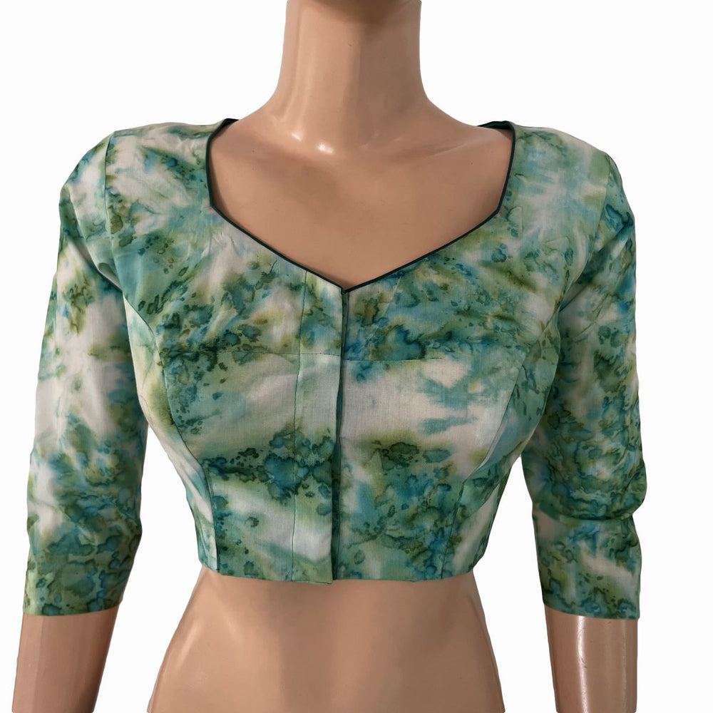 Shibori Printed Cotton Sweetheart Neck Blouse with 3/4 Sleeves and Lining , Green - Off white, BP1218