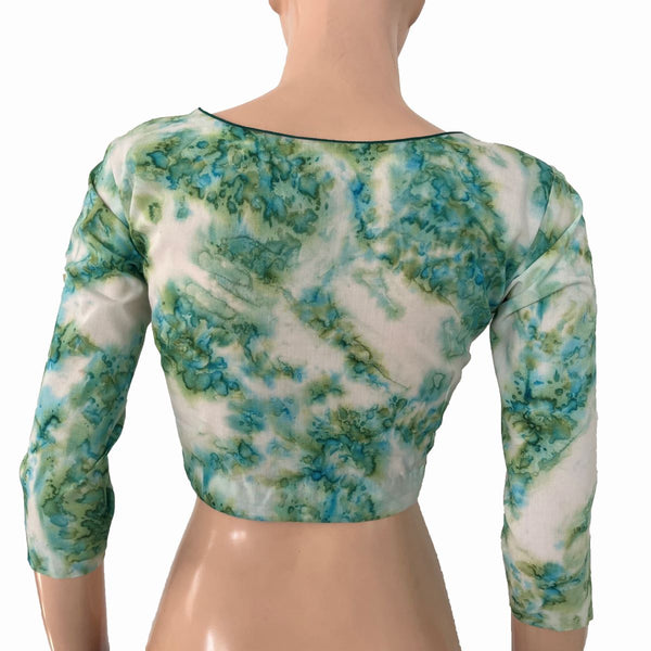 Shibori Printed Cotton Sweetheart Neck Blouse with 3/4 Sleeves and Lining , Green - Off white, BP1218
