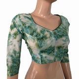 Shibori Printed Cotton Sweetheart Neck Blouse with 3/4 Sleeves and Lining , Green - Off white, BP1218
