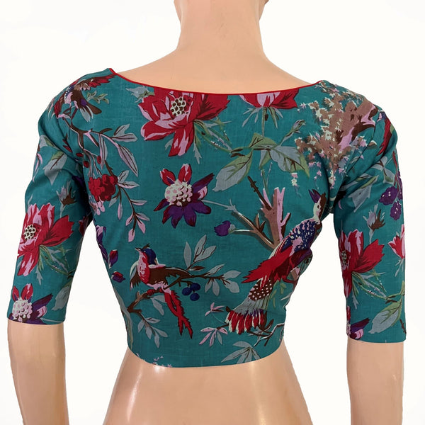 Printed Cotton V Neck Blouse ,Teal Blue, BP1219