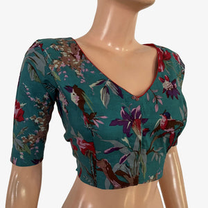 Printed Cotton V Neck Blouse ,Teal Blue, BP1219