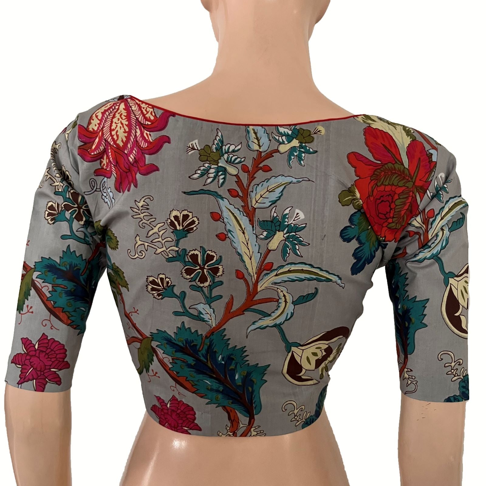 Printed Cotton Y Neck Blouse ,Grey,  BP1220