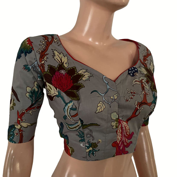 Printed Cotton Y Neck Blouse ,Grey,  BP1220