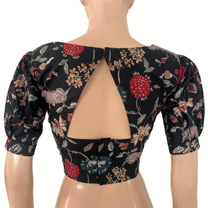 Printed Cotton Back Open Blouse with Triangle Cut in Back and Puff Sleeves  ,Black, BP1221