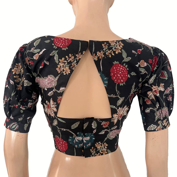 Printed Cotton Back Open Blouse with Triangle Cut in Back and Puff Sleeves  ,Black, BP1221