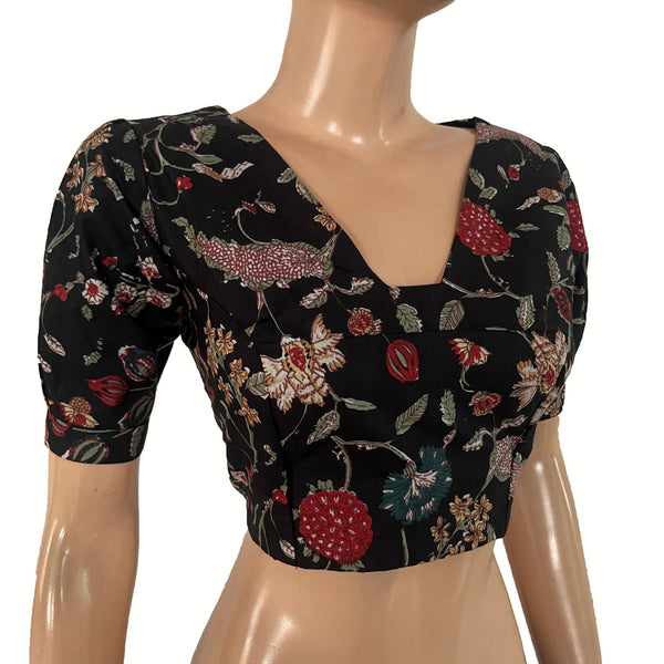 Printed Cotton Back Open Blouse with Triangle Cut in Back and Puff Sleeves  ,Black, BP1221