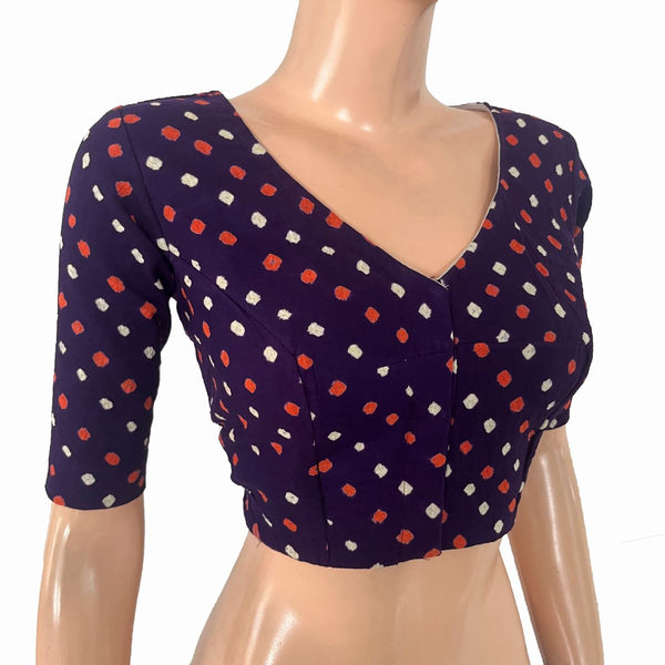 Bandhani Cotton V Neck Blouse with Lining ,Purple, BP1222