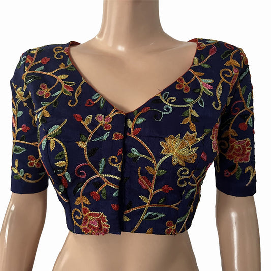 Embroidered Art Silk V neck Blouse with Lining, Royal blue, BS1162