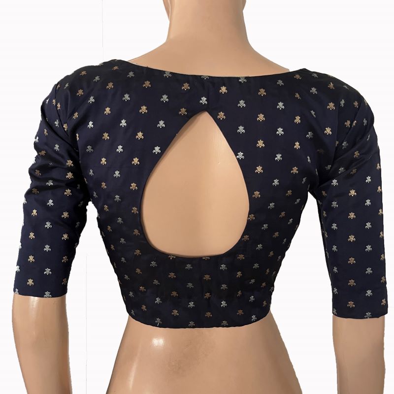 Banarasi Art Silk Square- U neck Blouse with Water drop hole in back, Golden Butta & Lining,  Navy Blue, BS1173