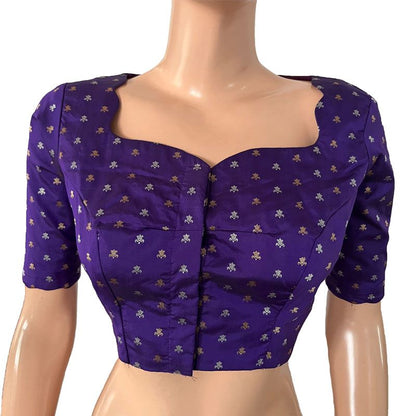 Banarasi Art Silk Golden and Silver Butta Scallop neck Blouse, with Waterdrop hole & Lining ,Purple, BS1175