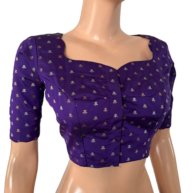 Banarasi Art Silk Golden and Silver Butta Scallop neck Blouse, with Waterdrop hole & Lining ,Purple, BS1175