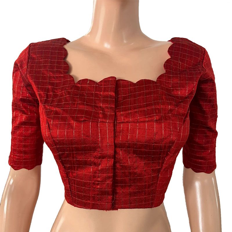 Semi Raw Silk Zari Checkered Scallop neck Blouse with Lining ,Maroon, BS1174