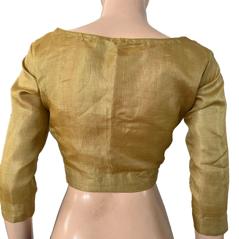 Pure Tusar Silk  Zari woven Boat neck Blouse with 3/4 Sleeves and lining ,Golden Beige, BS1177
